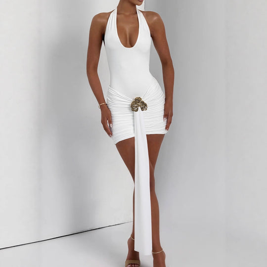 Damen Elegantes Cut-Out Minikleid mit Wickeloptik und Glamourösen Details EB