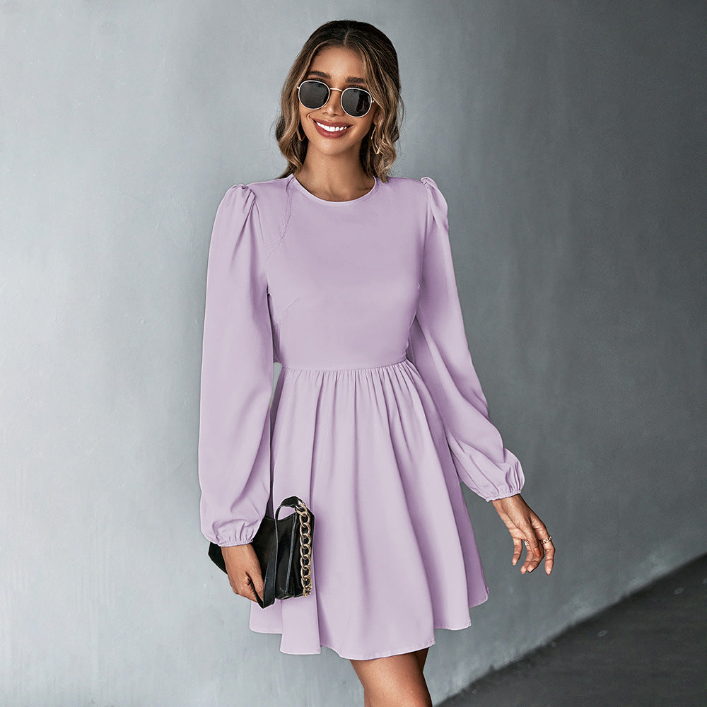 Damen schickes Cocktailkleid mit geraffter Taille, langen Ballonärmeln und rundem Ausschnitt Eichborn Berlin