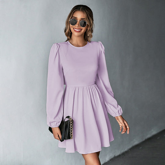 Damen schickes Cocktailkleid mit geraffter Taille, langen Ballonärmeln und rundem Ausschnitt Eichborn Berlin