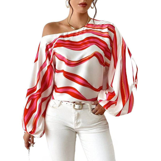 Damen Off-Shoulder Bluse mit kunstvollem Muster und voluminösen Ärmeln EB