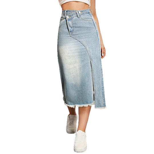 Damen Denim-Midi-Rock mit asymmetrischem Schnitt und fransigem Saum EB