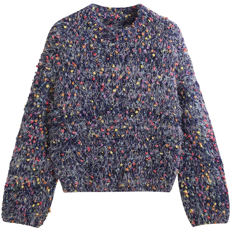 Damen modischer Pullover mit buntem Strukturstrick und Rundhalsausschnitt EB