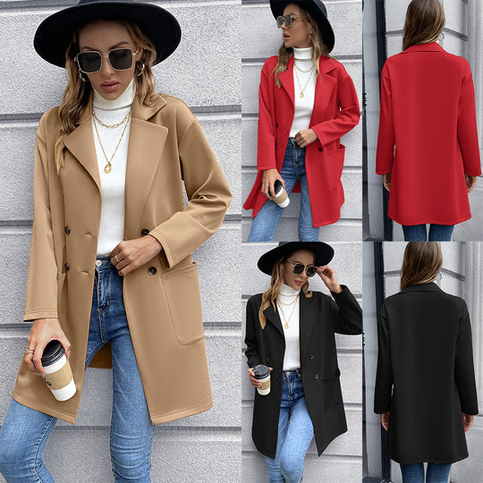 Damen elegante Oversized-Blazerjacke mit doppelter Knopfleiste und praktischen Taschen EB