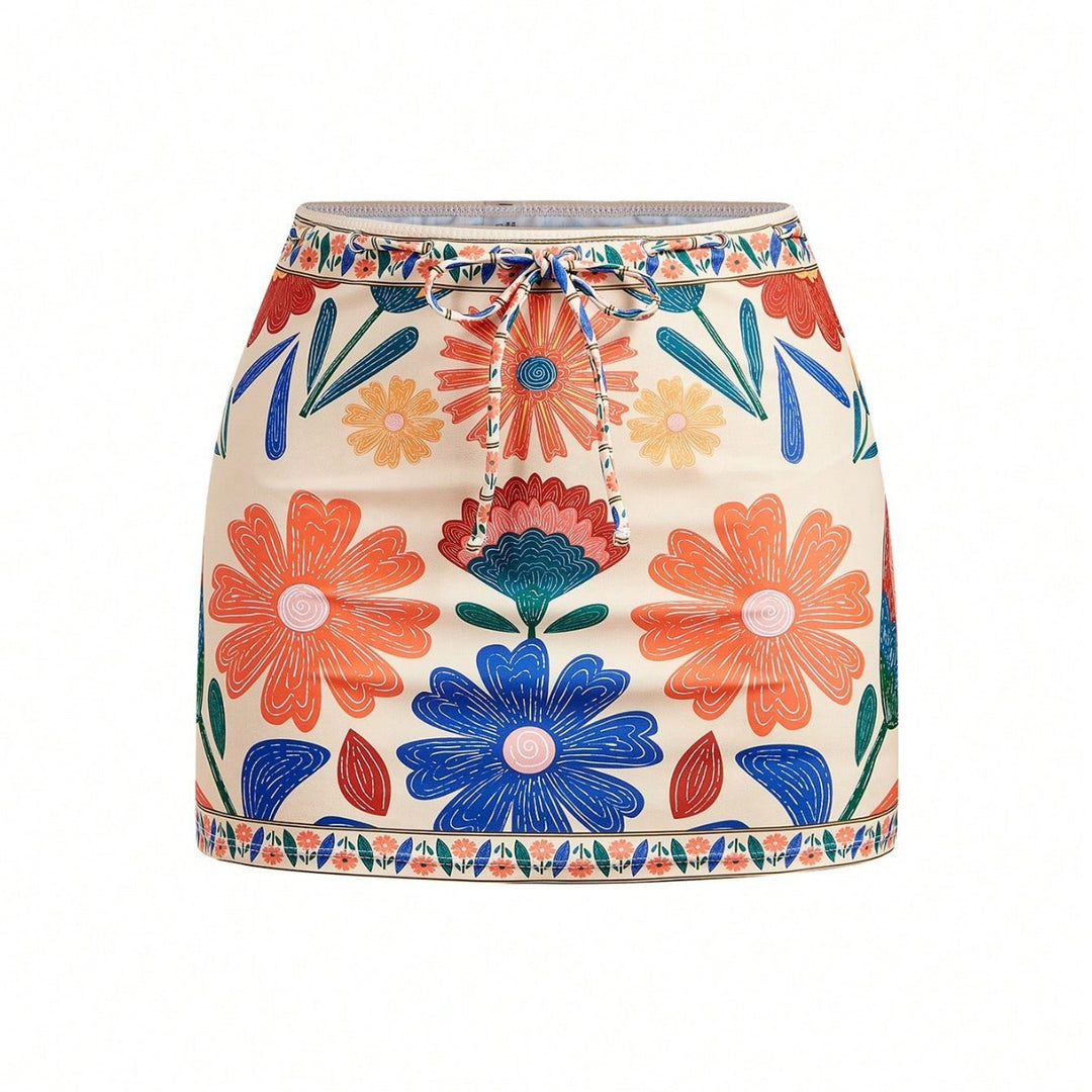 Damen Badeanzug mit floralem Design und abnehmbarem Rock EB