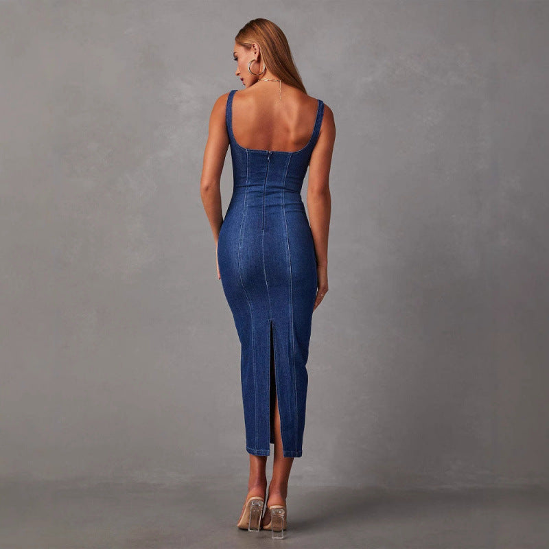 Damen Jeans-Midikleid mit schmalem Schnitt und Spaghettiträgern EB