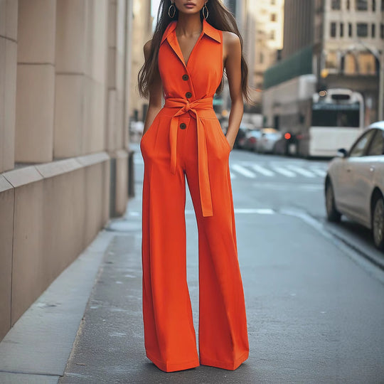 Damen Eleganter Jumpsuit mit schickem Kragen und Taillengürtel EB