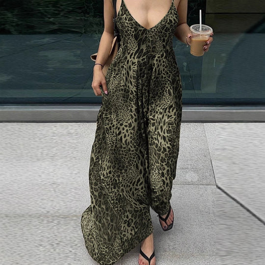 Damen Maxikleid mit tiefem V-Ausschnitt und elegantem Leopardenmuster EB