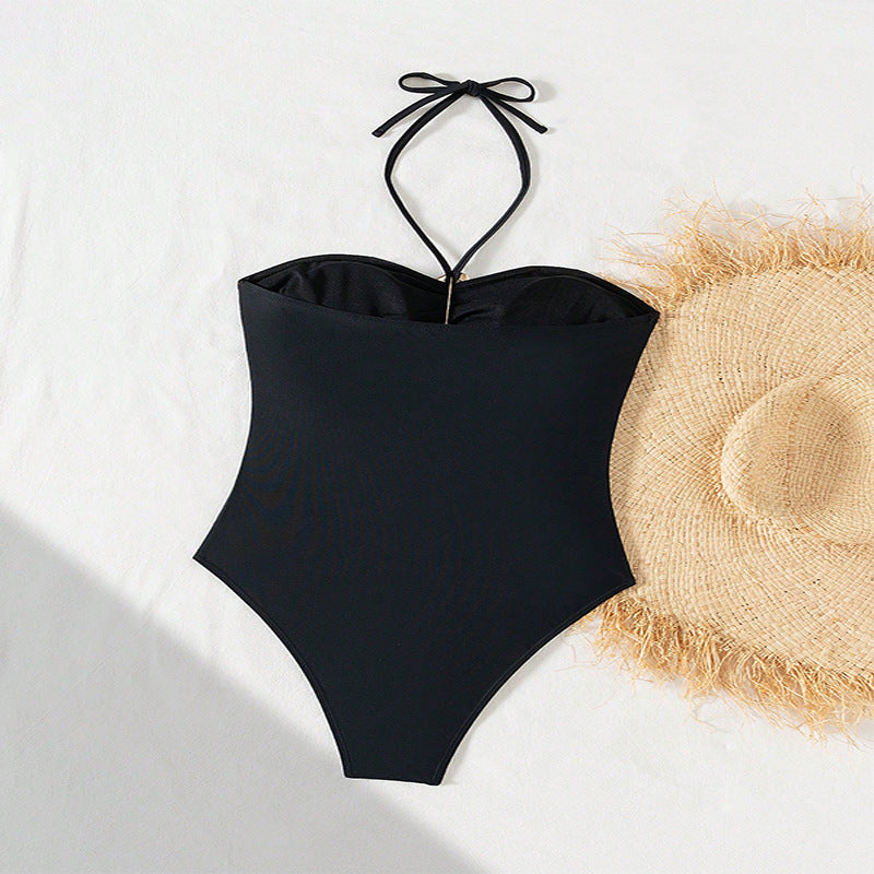 Damen Eleganter Einteiler Badeanzug mit modischem Cut-Out und goldenen Akzenten EB