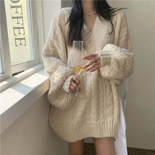 Damen Kuscheliger Grobstrick-Cardigan mit V-Ausschnitt und weiten Ärmeln EB