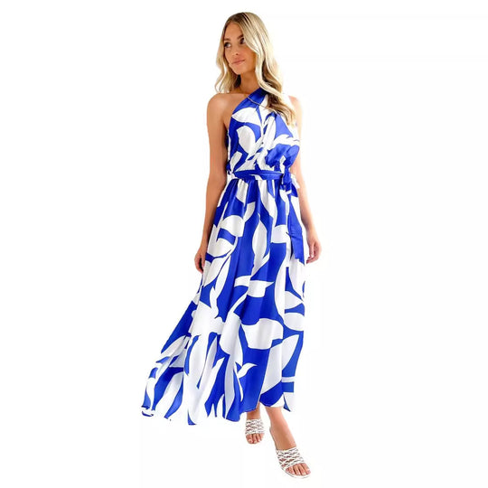 Damen Maxikleid mit asymmetrischem Ausschnitt und elegantem Bindegürtel EB