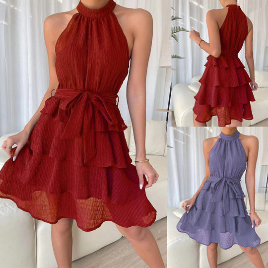 Damen Hochgeschlossenes Volantkleid mit Taillengürtel EB