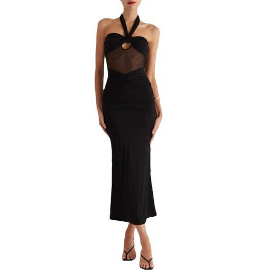 Damen Elegantes geschnittenes Maxikleid mit raffiniertem Halterdesign und transparentem Ausschnitt EB