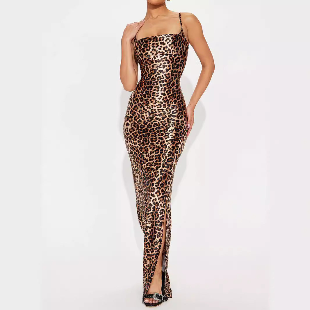 Damen figurbetontes Maxikleid mit Leopardenmuster und hohem Schlitz EB
