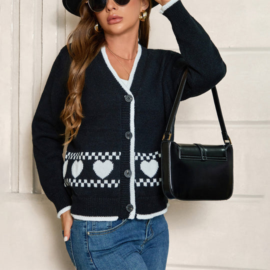 Damen Cardigan mit Herzmuster und kontrastierenden Details EB