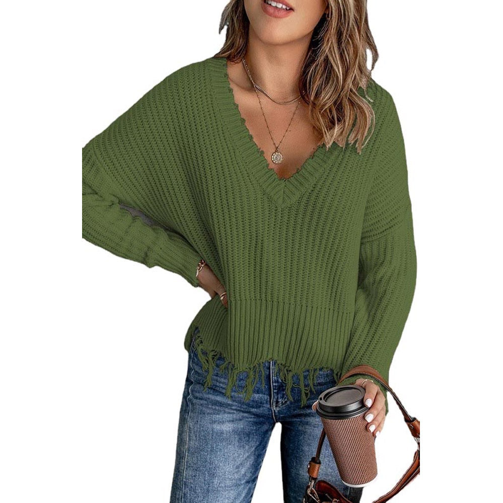 Damen lässiger V-Ausschnitt Pullover mit Fransen und strukturierter Strickoptik EB
