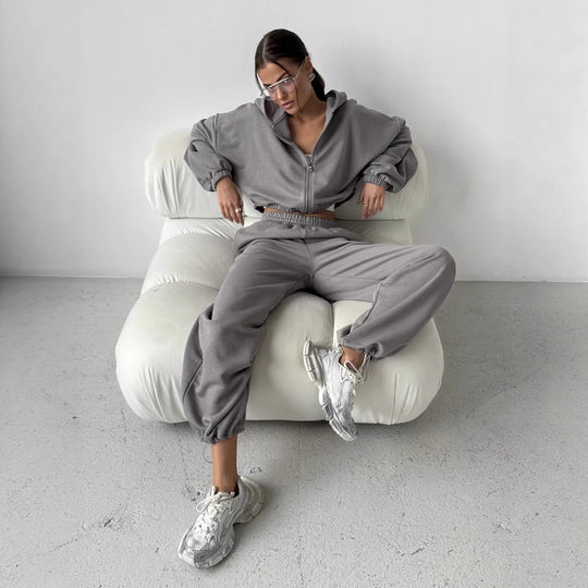 Damen Lounge-Set Cropped-Zip-Hoodie mit Oversize-Ärmeln und High-Waist Palazzo-Jogger EB