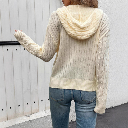 Damen gestreifte Strickjacke mit Reißverschluss und Kapuze EB