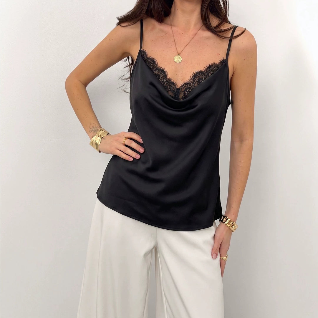 Damen nan leicht fallendes Satin-Spaghettiträger-Top mit Spitzenkante und Wasserfall-Ausschnitt EB