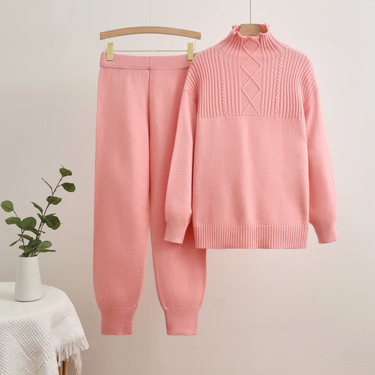 Damen gemütliches Strick-Loungewear-Set mit hohem Kragen und Rippstruktur EB
