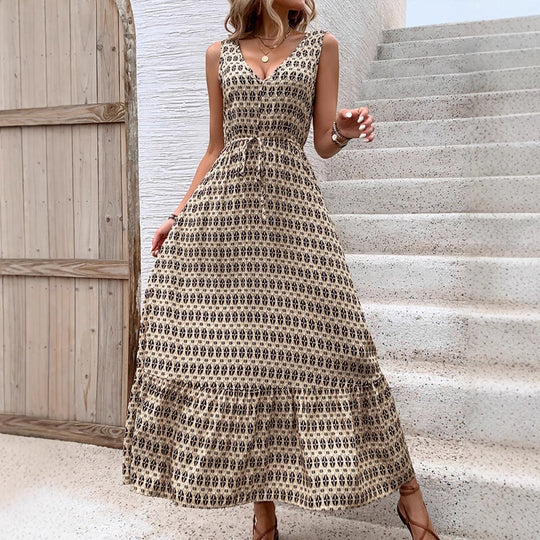Damen Maxikleid mit verspieltem V-Ausschnitt und Rüschensaum EB
