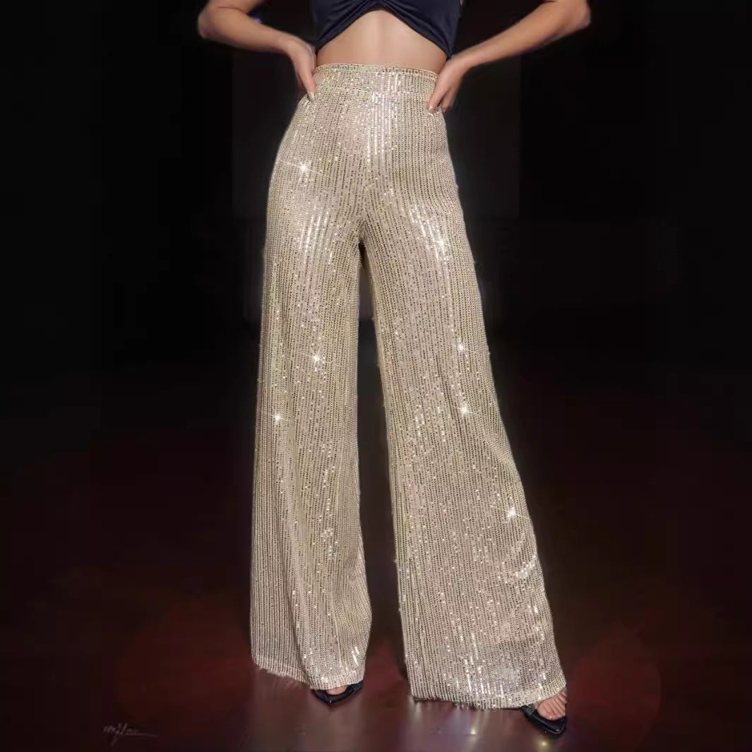 Damen Glamouröse Maxihose mit Glitzerstreifen und weitem Bein EB