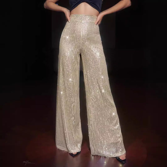 Damen Glamouröse Maxihose mit Glitzerstreifen und weitem Bein EB