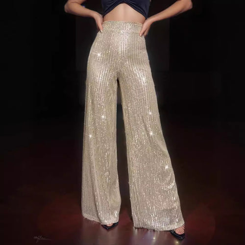 Damen Glamouröse Maxihose mit Glitzerstreifen und weitem Bein EB