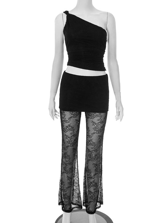 Damen asymmetrisches Oberteil mit elegantem Spitzen-Details und figurbetonten Leggings EB