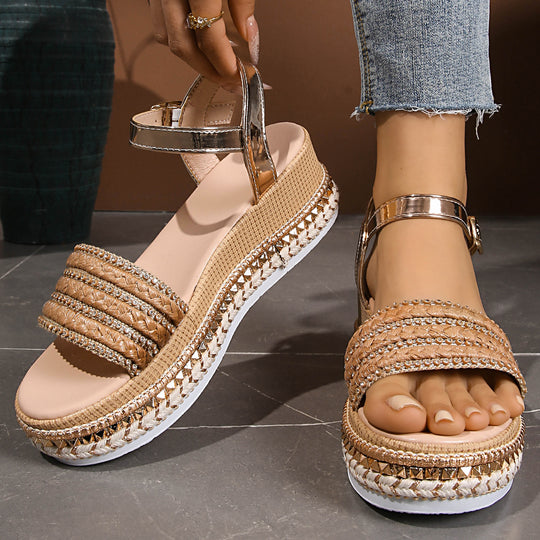Damen Wedge-Sandaletten mit verstellbarem Riemendesign und dekorativem Akzent EB