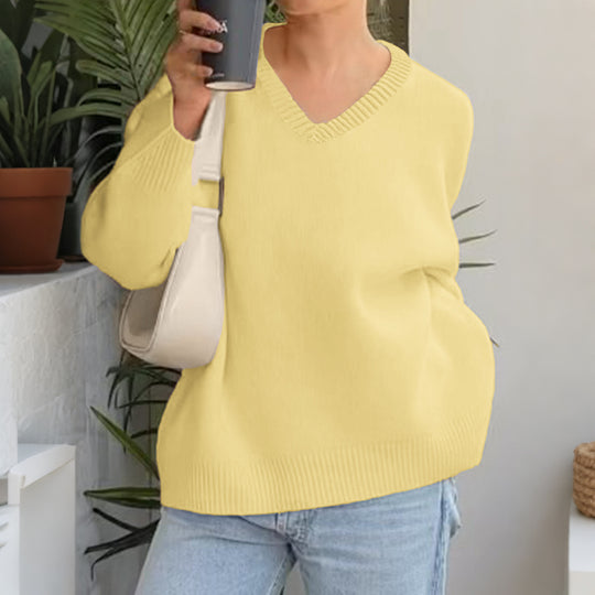 Damen nan oversized V-Ausschnitt Feinstrickpullover mit überschnittener Schulter, langen Kimonärmeln und breitem Rippbund EB