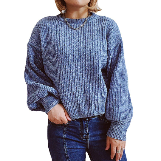 Damen Grobstrickpullover mit romantischem Rippenmuster und weiten Ärmeln EB