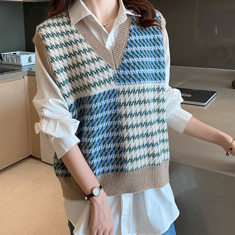 Damen Stylischer V-Neck Strickpullover im Farbblockdesign EB