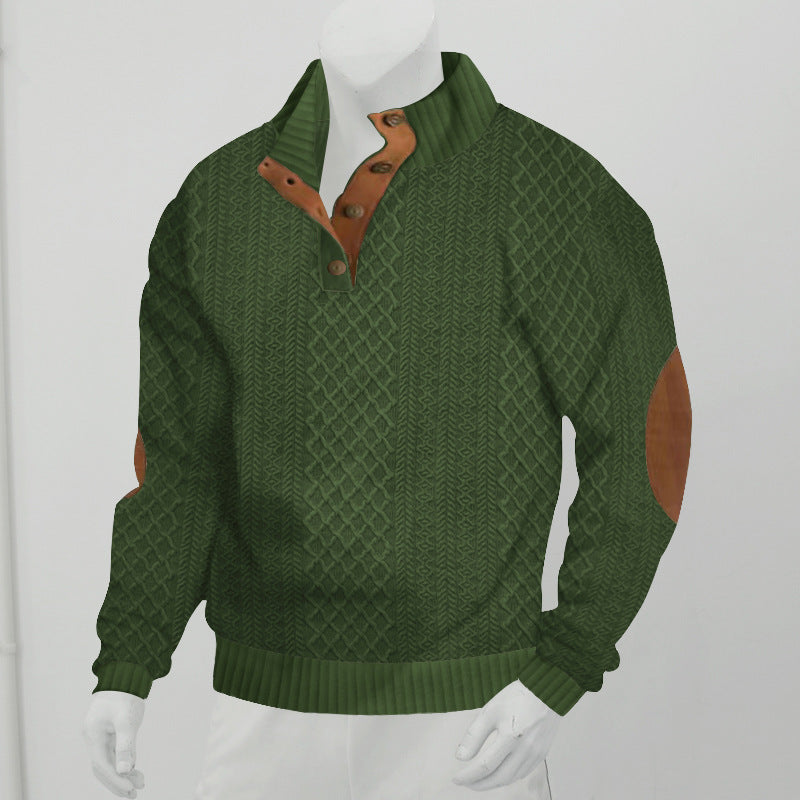 Herren Strukturiertes Zopfmuster-Henley-Pullover mit Lederbesatz an Ellbogen & Knopfleiste EB