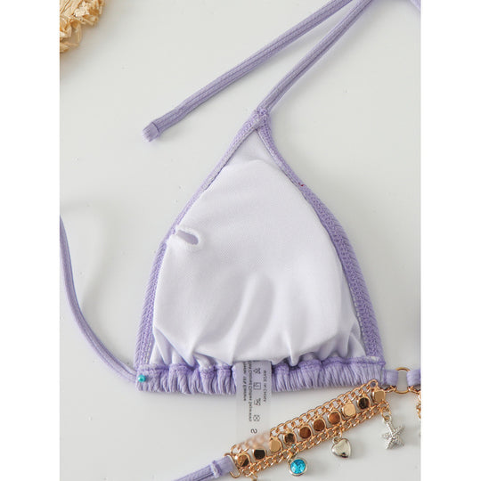 Damen Triangel-Bikini mit modischen Schmuckdetails und Bindebändern EB