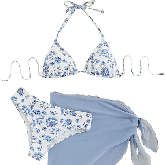 Damen Triangel-Bikini-Set mit romantischem Blumenmuster und eleganter Pareo EB