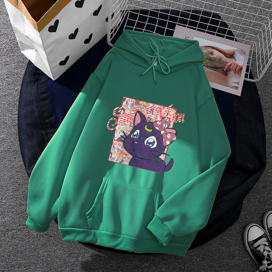 Damen nan Oversize-Kapuzenpullover mit glitzerndem Anime-Katzen-Motiv, Kängurutasche und weichem Fleece-Innenfutter EB