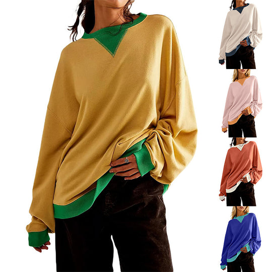 Damen lässiges Sweatshirt mit V-Ausschnitt und Kontrastbündchen EB