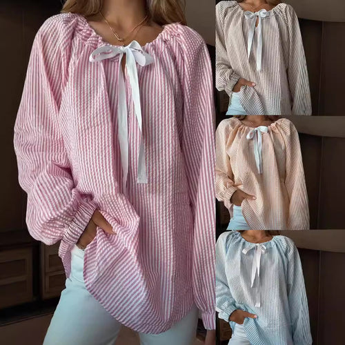 Damen Bluse mit elastischem Ausschnitt und Schleifenbindung EB