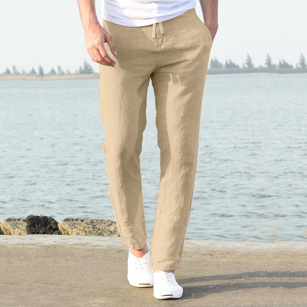 Herren lässige Leinenhose mit elastischem Bund und seitlichen Taschen EB
