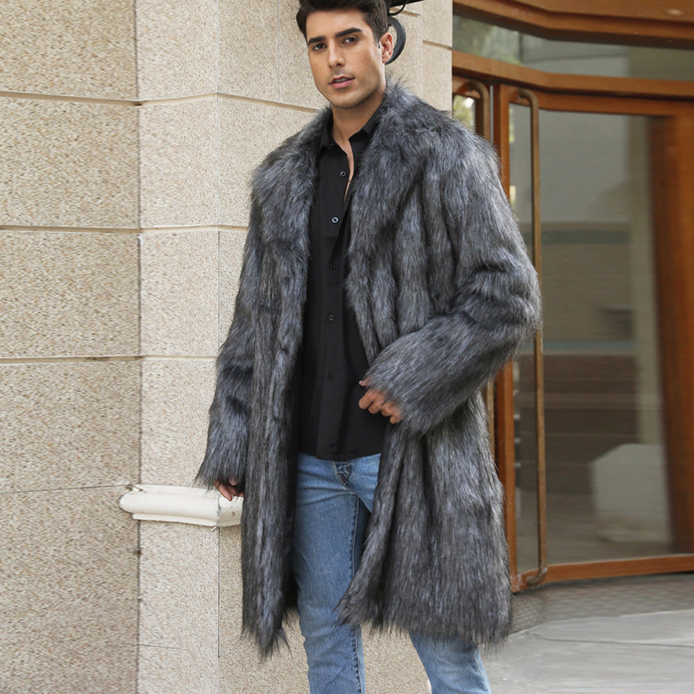 Herren Eleganter Kunstpelz-Mantel mit breitem Kragen und Relaxed Fit EB