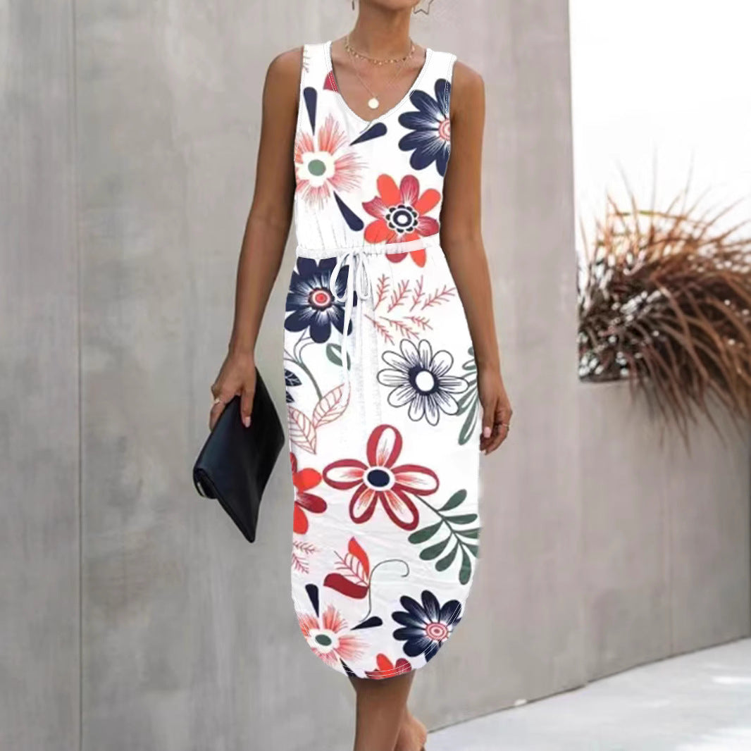 Damen Blumenmaxikleid mit elastischem Taillenkordelzug und seitlichem Schlitz EB