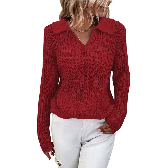 Damen V-Ausschnitt Strickpullover mit Kragen EB