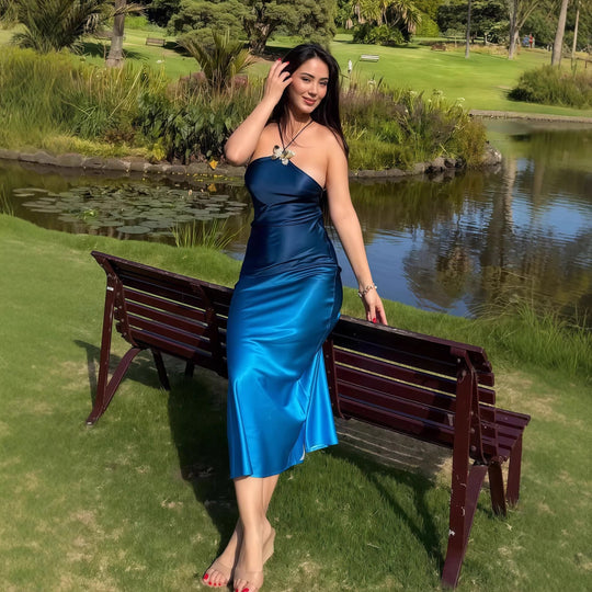 Damen lässiges Maxikleid mit elegantem Halterneck und einzigartigem Farbverlauf EB
