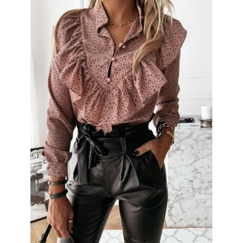 Damen Volantbluse mit Rüschenkragen, geraffter Taille und Tupfenprint EB