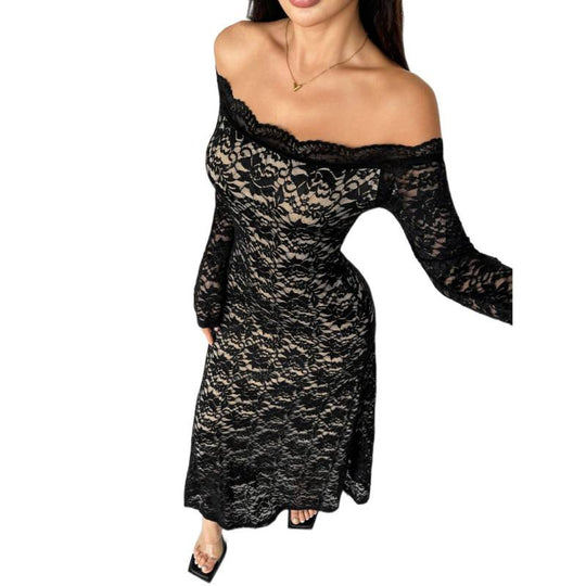 Damen Spitzenlangarmkleid mit schulterfreiem Design und eleganter Transparenz EB