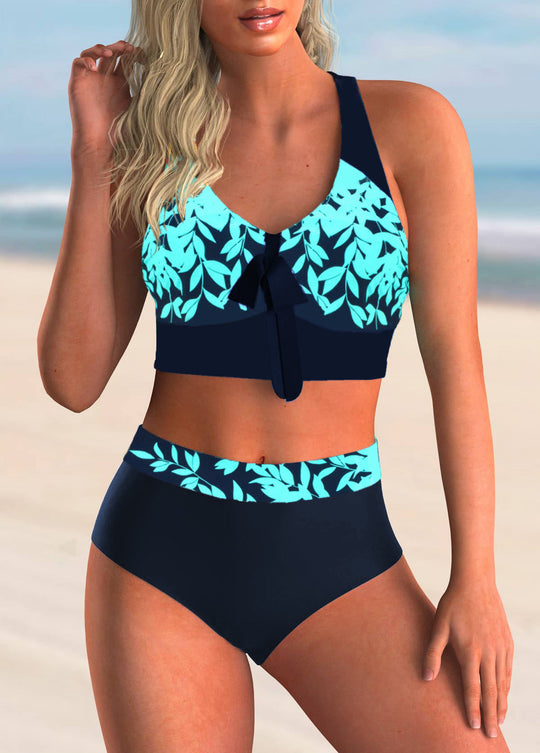 Damen Hochtailliertes Bikini-Set mit floralem Muster und bindbaren Design EB