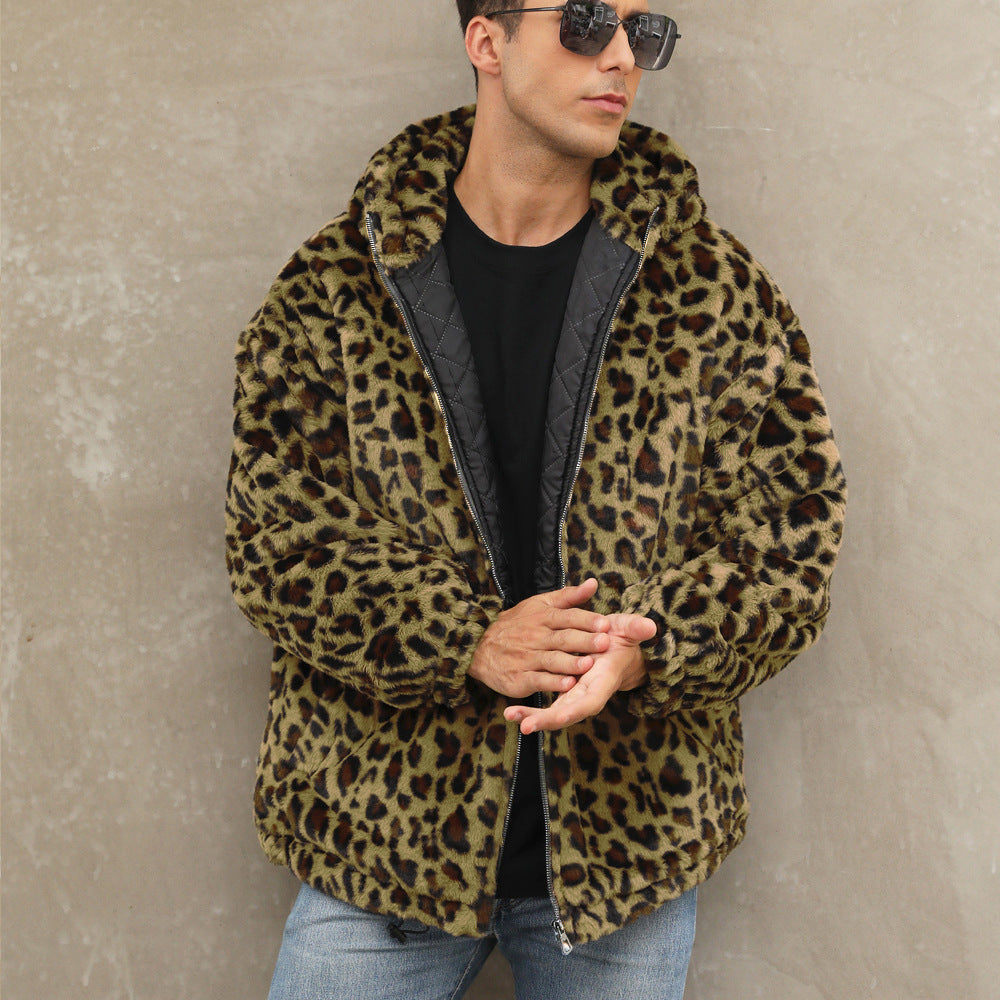Herren kuschelige Fleecejacke im Leopardenmuster EB