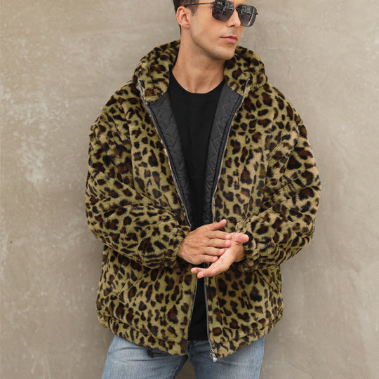 Herren kuschelige Fleecejacke im Leopardenmuster EB