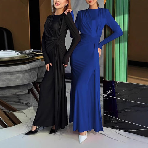 Damen Elegantes Longdress mit Raffung und hohem Kragen EB