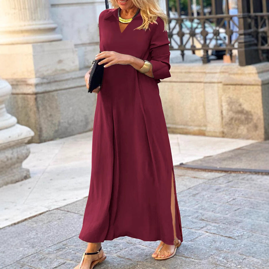 Damen Maxikleid mit elegantem V-Ausschnitt und seitlichen Schlitzen EB